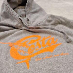 Costa Gray Hoodie Sweatshirt Neon Orange Logo‎ Sz Lg Fishing Front Pocket